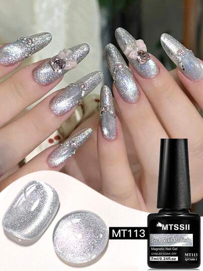 Mtssii 1瓶7毫升银色闪粉星形猫眼凝胶指甲油，闪亮闪粉猫咪磁性凝胶指甲油，半永久可卸UV凝胶指甲油，适合夏季美甲，美甲DIY，家用及美甲沙龙用品