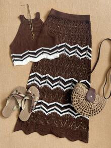 女士优雅休闲度假套装，棕色撞色条纹镂空短款针织上衣搭配长裙，两件套包括露背无袖修身短款上衣和修身长裙。适合度假、海滩、郊游和约会。 - 棕色 - 查看 5