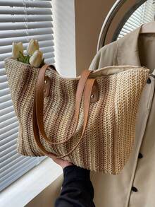 1pc New Women's Shoulder Tote Bag, Straw Craft Striped Pattern, Elegant Fashionable Versatile Casual Commute Gift, Large Capacity Stylish Bag - Khaki - View 5