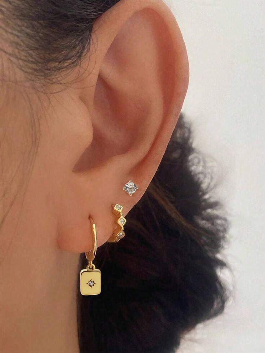 Nooxian 3pcs Elegant Square Rhinestone Earrings Set, Includes Petite Single Diamond Stud, Rhinestone Ear Cuff, And Square Hoop Earrings, Versatile For Daily, Work And Casual Wear - Yellow Gold - View 1