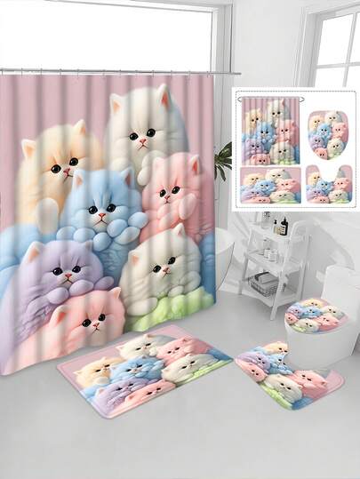 1pc/4pcs Classic & Fashionable Blanket, Cute Kitten Pattern All Season Home Bathroom 4-Piece Set, Includes Waterproof & Durable Polyester Shower Curtain (With 12 Hooks), Non-Slip Bath Mat, U-Shaped Mat, And Round Toilet Lid Cover, Modern Minimalist Luxury Bathroom Decor Set