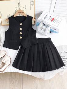 Left Mama Tween GirlsFashionable Black Vest Top With Gold Buttons & Pleated Skirt Set, Summer School/Work Outfit - Black - View 1