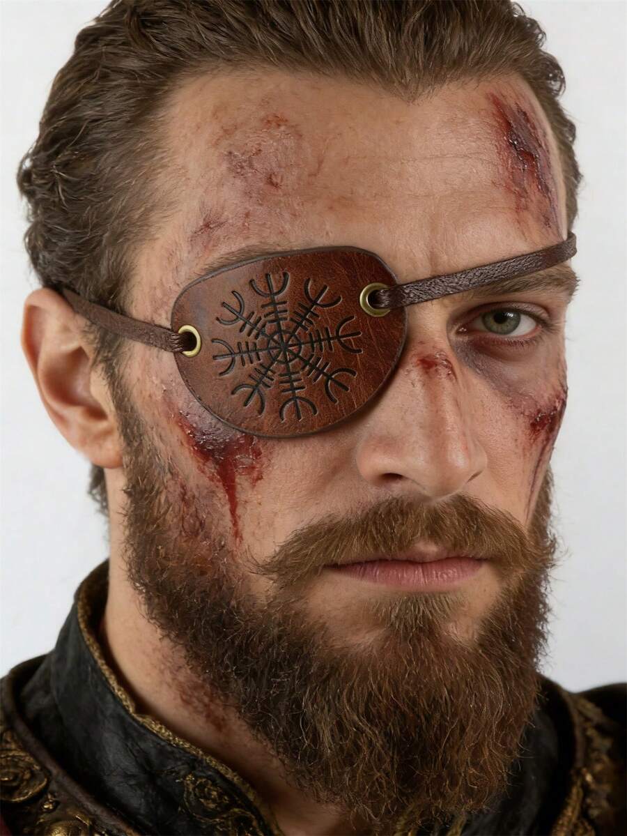 Medieval Embossed Pirate Eye Patch, Vintage Faux Leather Eye Mask Viking Accessories, Renaissance Eye Cover Cosplay - Brown - View 1