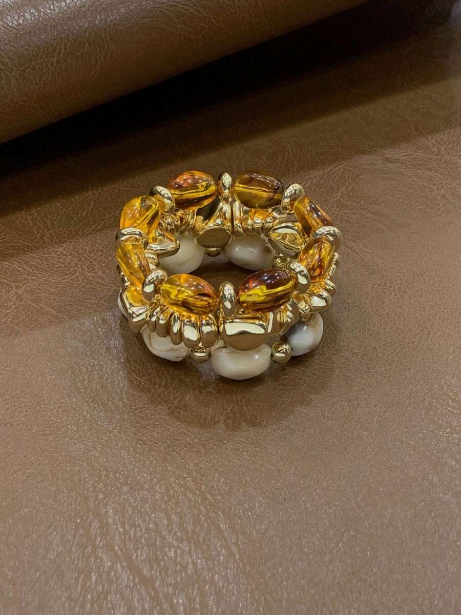 Bộ 3 vòng tay hạt acrylic nhiều lớp dày dặn phong cách Boho cổ điển, vòng tay mặt dây chuyền vàng dành cho nữ và các cặp đôi, sang trọng cao cấp cho tiệc tùng và đeo hàng ngày.