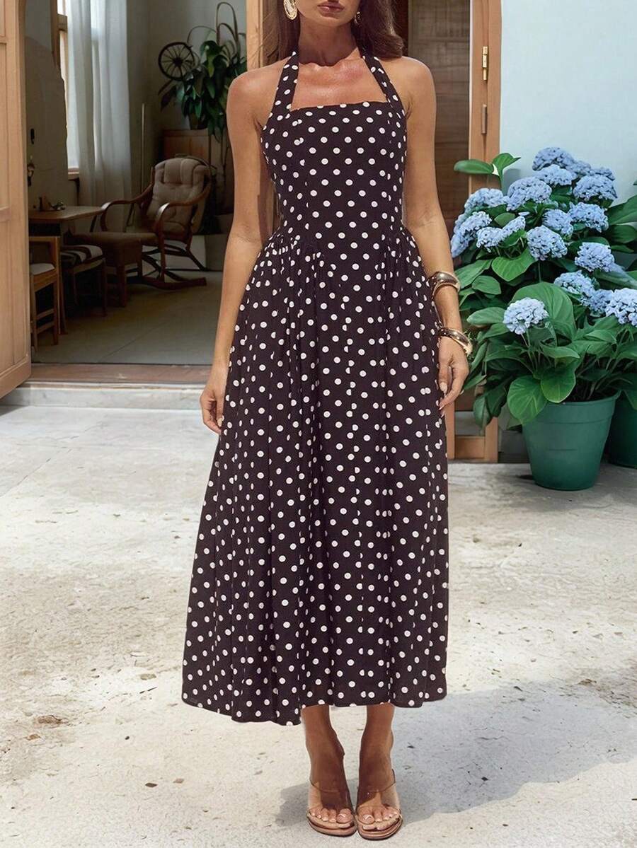 娇小女款波点印花波西米亚风优雅露背蝴蝶结中长连衣裙，后背拉链，适合休闲、度假穿着 - 咖啡 - 查看 1