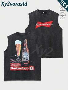 "King Of Beer"Y2K Style Streetwear Men's Tank Top (220g Pure Cotton), Hip-Hop Cyberpunk Style Sleeveless Double-Side Printed Graphic T Shirts, Vintage Pattern Fun Print, Hip-Hop Style, Men's Summer Round Neck Short-Sleeved Casual T-Shirt For The Beach, Summer Streetwear. Holiday Gift. - màu đen - Xem 1