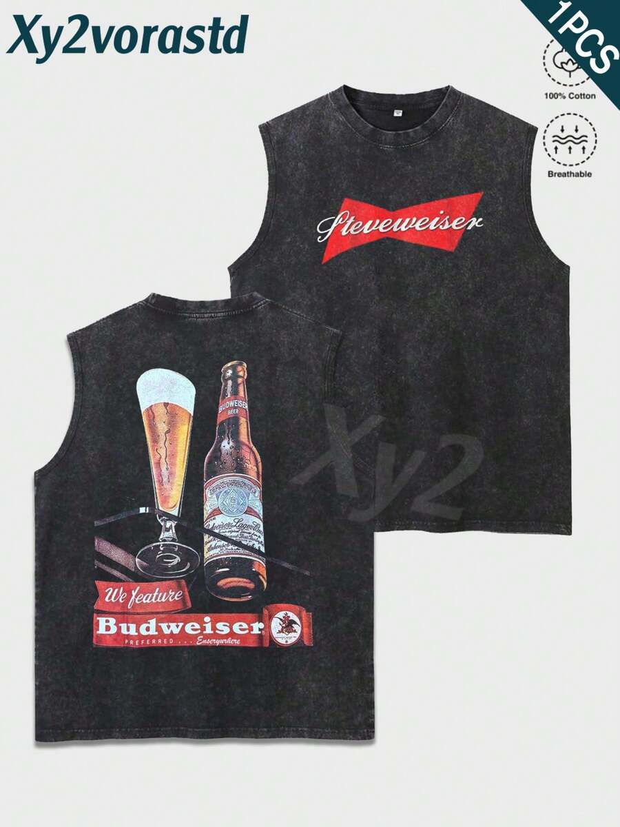 "King Of Beer"Y2K Style Streetwear Men's Tank Top (220g Pure Cotton), Hip-Hop Cyberpunk Style Sleeveless Double-Side Printed Graphic T Shirts, Vintage Pattern Fun Print, Hip-Hop Style, Men's Summer Round Neck Short-Sleeved Casual T-Shirt For The Beach, Summer Streetwear. Holiday Gift. - màu đen - Xem 1