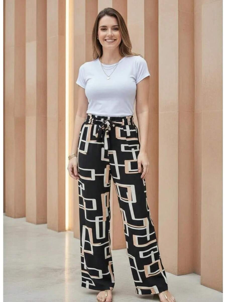 Printed High-Waisted Palazzo Pants With Pockets, Lining And Ties - Celana Geometris Hitam - View 1