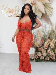 Dopamine Stunning Fashion Slimming Street Party Daily Commuting Sexy Perspective Knitted Hand Hook Fringe Beach Set - Orange - View 2