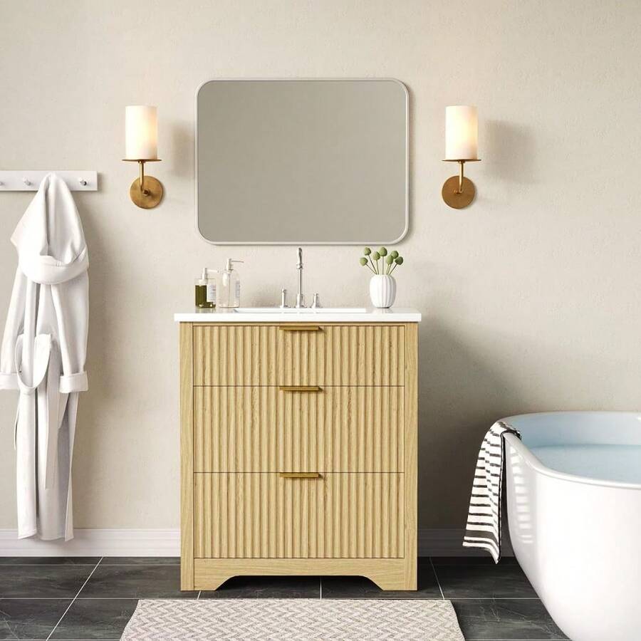 LIZHOUMIL 30" Modern Farmhouse Bathroom Vanity With Sink - Natural Oak Wood Finish Storage Cabinet With 2 Large Drawers & Unique Tilt-Out Drawer, Aesthetic Freestanding Vanity Set - Wood Cloor - View 1