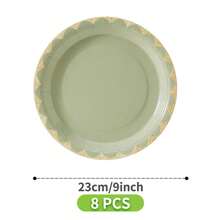 8pcs Sage Green & Gold Rim Disposable Plates, Napkins, Cups Set, One-Time Party Supplies Suitable For Birthday, Wedding, Theme Party, Family Picnic - Multicolor - View 8