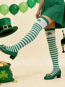 1 Pair St. Patrick's Day Y2K Striped Socks - Green And White High-Performance Over-The-Knee Socks, Warm And Festive - Multicolor - View 7