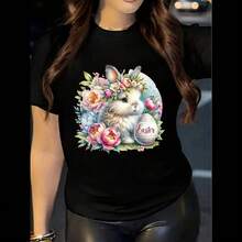 Women's Easter Bunny & Floral Print T-Shirt - Soft Round Neck Short Sleeve Blouse, Spring Summer Casual Top Suitable For Easter Outfits, Machine Washable & Flower Year-Round Wearable (1) - Black - View 8