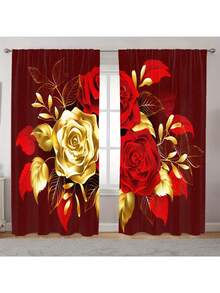 2D Flat - 2pcs Valentine'S Day 3-Rose Bouquet Curtain Set | Red & Golden-Yellow Roses With Foliage Pattern, Luxurious Art Deco Design, Polyester Velvet, Semi-Sheer, Machine Washable For Bedroom And Living Room Decor - Nhiều màu - Xem 7