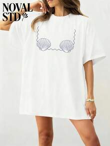 NOVAL Women's Plus Size Short Sleeve T-Shirt, Best Seller Of 2026, Bikini Shell Print, Casual Holiday Style, Loose Fit, Multifunctional, Crew Neck, 100% Cotton,  Everyday Top, Summer Outfits For Women. Spring/Summer Fashion - 白色 - 查看 2