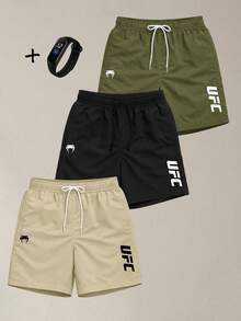 Kit Of 3 Men's Gym Shorts For Running And Training With Pockets - Tactel Fabric + Watch - ĐEN/BEIGE/XANH LÁ CÂY - Xem 1