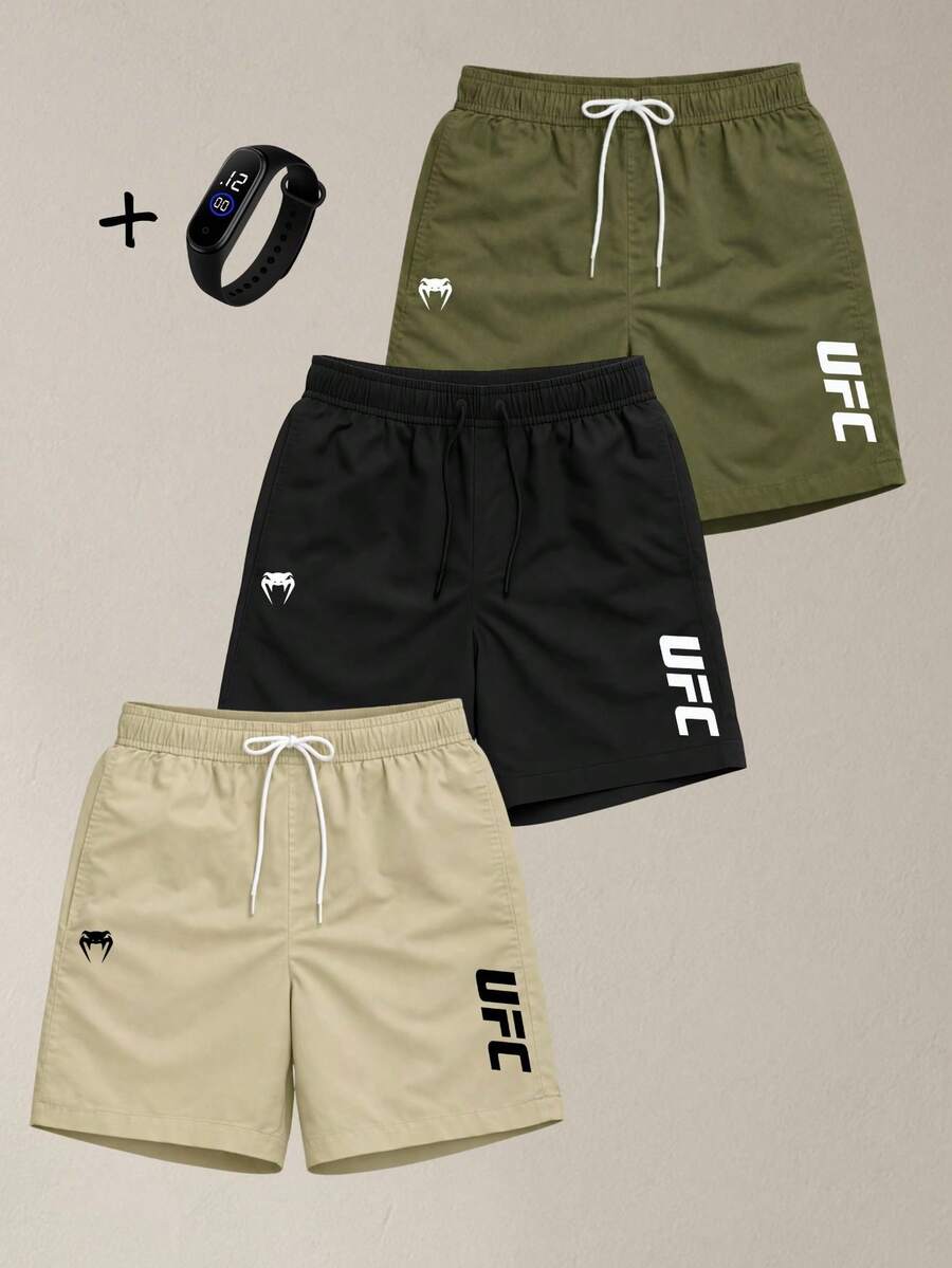 Kit Of 3 Men's Gym Shorts For Running And Training With Pockets - Tactel Fabric + Watch - ĐEN/BEIGE/XANH LÁ CÂY - Xem 1