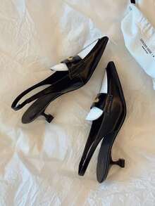 女士尖头法式小猫跟无后跟凉鞋，新款乐福高跟一脚蹬鞋 - 黑與白 - 查看 7