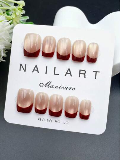 10片装手工美甲贴纸套装，酒红色短梯形，时尚花香，法式美甲贴纸，美甲贴纸，新年美甲，情人节美甲，UV凝胶美甲，夏季美甲，日常美甲，优雅设计，高端法式风格，凝胶美甲，闪粉，猫眼效果