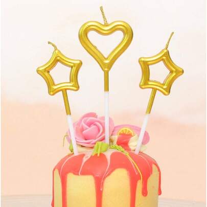 Set Of 3 Festive Birthday Candles Featuring Metal Heart And Star Designs, Perfect For Decorating And For Weddings, Birthdays, Anniversaries, And Valentine'S Day.