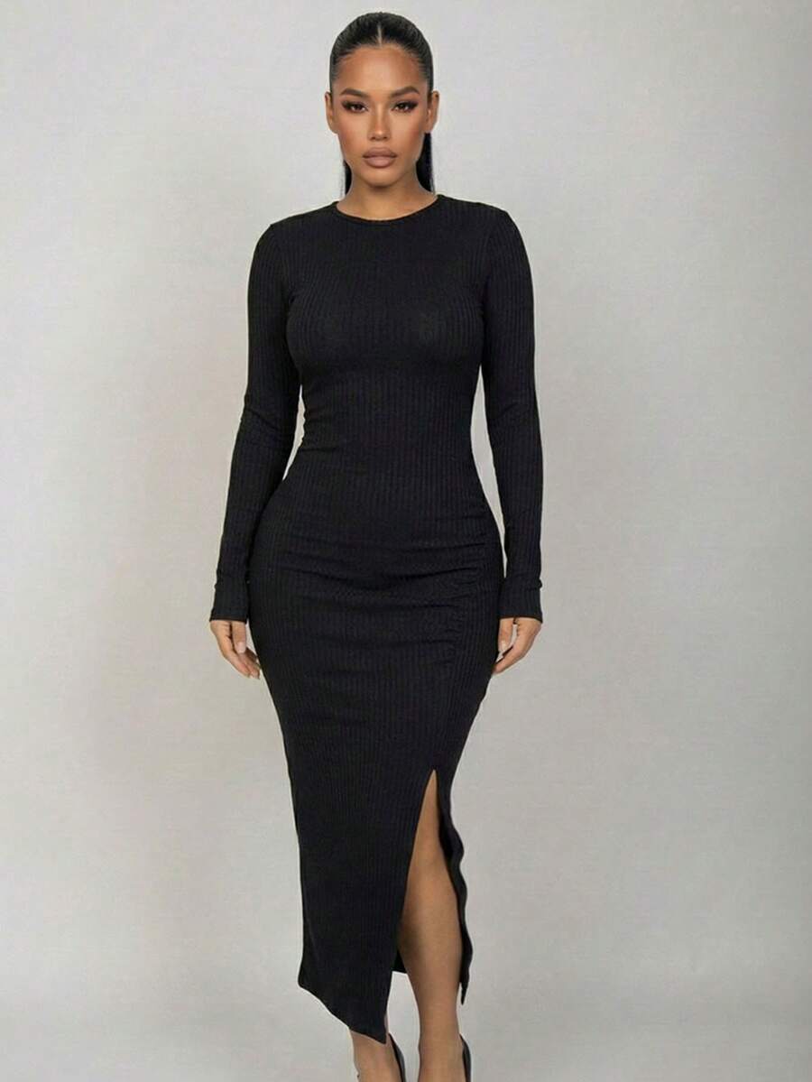 Sleek Women's Rib Knit Long Sleeve Maxi Dress Ruched Lettuce Trim Round Neck Asymmetrical Hem Bodycon Style - màu đen - Xem 1