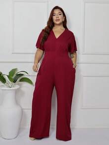 Women's Plus Size Plain Long Jumpsuit, Wide Leg, Short Sleeve, V-Neck, Ruched Front, Comfortable - 紅木色 - 查看 4