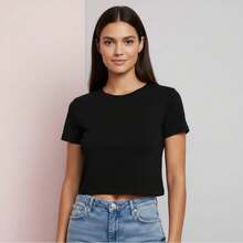 Women's Cropped Top, 100% Cotton, Basic, Plain, Round Neck. - Black - View 8