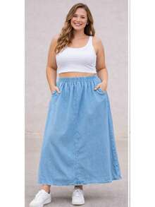 Lightweight Denim Skirt With Elastic Waistband And Pockets - Summer - Rửa nhẹ - Xem 3