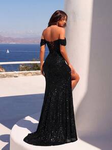 ADYCE 露肩长款正式礼服，薄纱美人鱼高腰开衩露背系带长款鸡尾酒会礼服，新年 - 黑色 - 查看 2