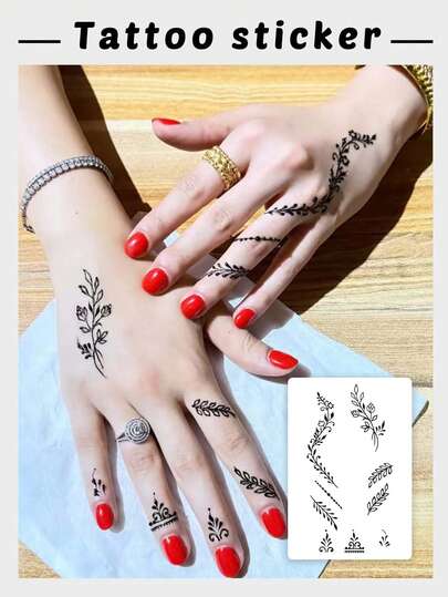 1pc Fashionable Henna Style Small Pattern Temporary Tattoo, Waterproof Sweat-Proof Long Lasting Mini Tattoo Sticker For Finger, Hand Back Vine Decor