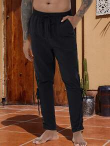 Men's Loose Pants, Medieval Costume Men's Pirate Pants, Renaissance Viking Pants With Pockets, Casual Trousers - Black - View 2