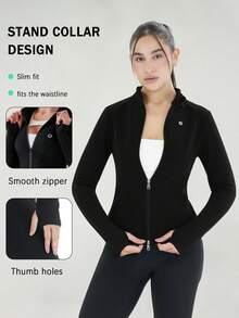 3 Women's Sports Jackets With Thumb Holes, Small Stand Up Collar, Streamlined Zipper Long Sleeved Jacket, Low Impact Yoga Daily Wear - Nhiều màu - Xem 3