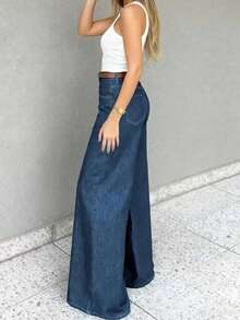 Quần jeans ống rộng nữ, chất liệu denim mài, kiểu dáng thường ngày, có chi tiết cúc, vải co giãn tốt, thích hợp cho các bữa tiệc thanh lịch mùa xuân. - Rửa trung bình - Xem 4