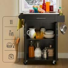 SoBuy 有門和抽屜的服務手推車 金屬木 黑色 - 黑色 - 查看 4