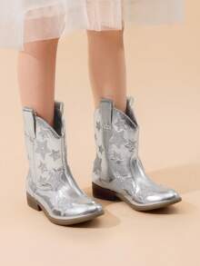 Girls Cowgirl Boots Mid Calf Glitter Cowboy Western Boots Toddler Girls Star Riding Shoes - 銀色 - 查看 2