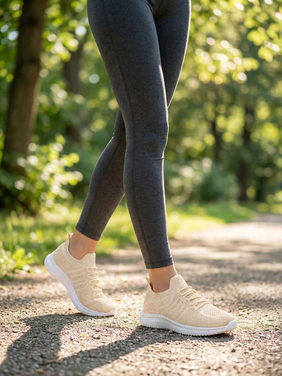 Women's Lightweight Breathable Walking Shoes - Comfortable Mesh Sports Shoes With Stable Support, Four-Season Casual Fashion Footwear, Women's Sneakers, Stylish Design - 米色 - 查看 1