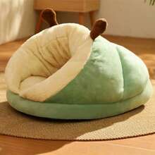1 pieza Cama para mascotas semi-cerrada y cálida, nido para mascotas acolchado con forro de felpa polar y relleno de algodón PP, cama cueva cálida y acogedora con diseño de agujero de gato lindo para gatos/mascotas pequeñas en invierno - Verde - Ver 10