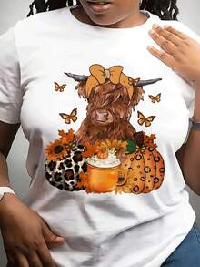 Camiseta Casual de Cuello Redondo para Mujer con Estampados de Vaca de las Tierras , Calabaza y Maosa, Estilo Campestre de Otoño para el Día de Acción de Gracias - Blanco - Ver 2
