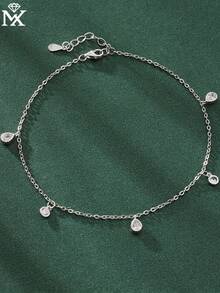 SYMFNY 1pc Elegant & Cute 925 Silver Zirconia Inlaid Teardrop & Round Pendant Anklet, Women Beach Holiday Wear - Anklets - View 6