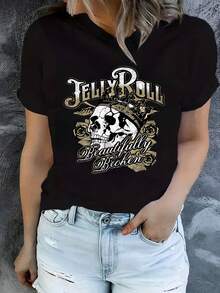 Camiseta Jelly Roll, calavera con corona, estampado gráfico, holgada, gótica vintage, rockera, ideal para conciertos, festivales, salida con amigos, día de los muertos, ropa mujer talla L XL,  gótica, streetwear,blusas para mujer,blusas elegantes dama,tops,playeras de mujer,blusas curvy mujer. - Negro - Ver 1