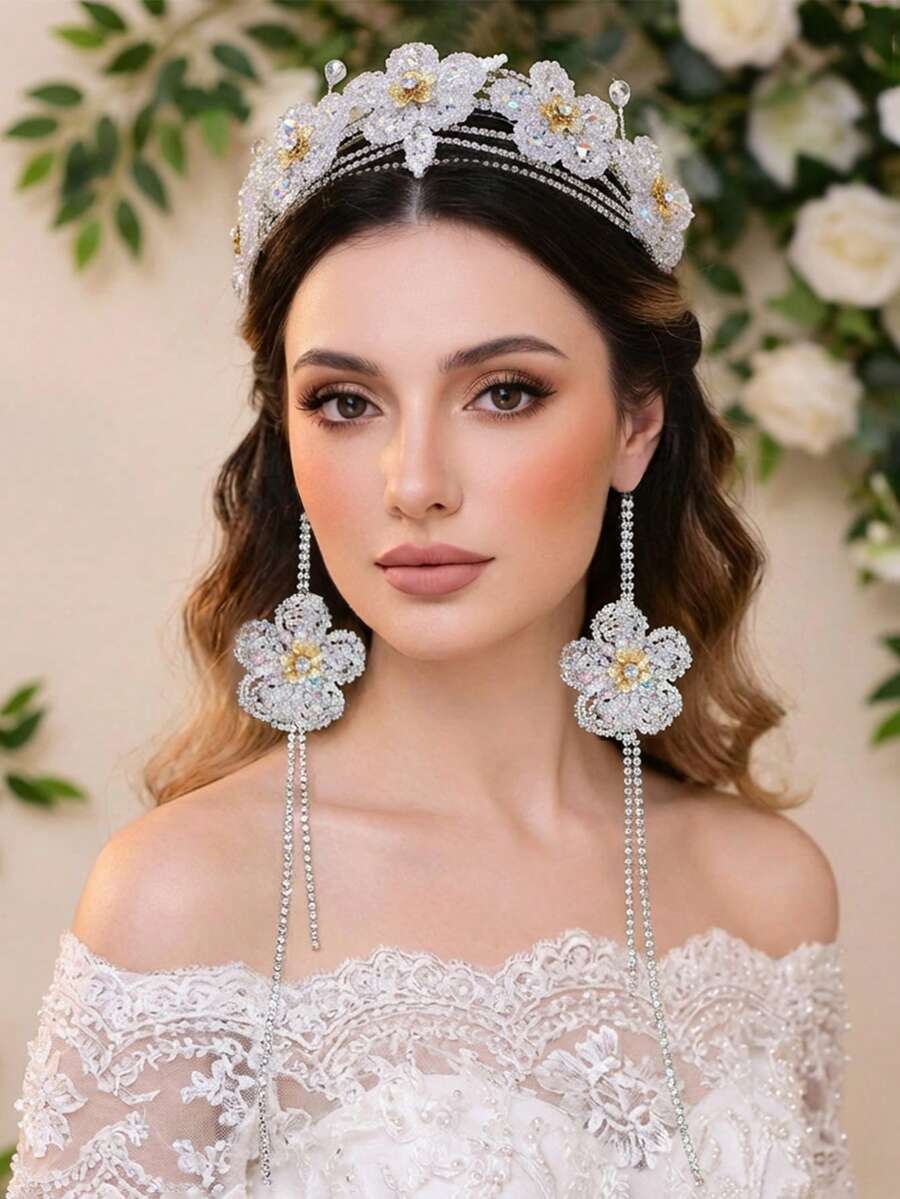 1 pièce Bandeau de mariée en cristal fleur élégant et de luxe, accessoire de cheveux fait main avec perles et longue frange en cristal, pour festival, fête