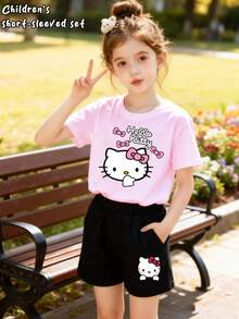 SANRIO Hello Kitty Printed Girls Short Sleeve Set -  Tween Girl Summer 100% Cotton T Shirt & Summer Clothes Holiday Outfits - Hồng - Xem 1
