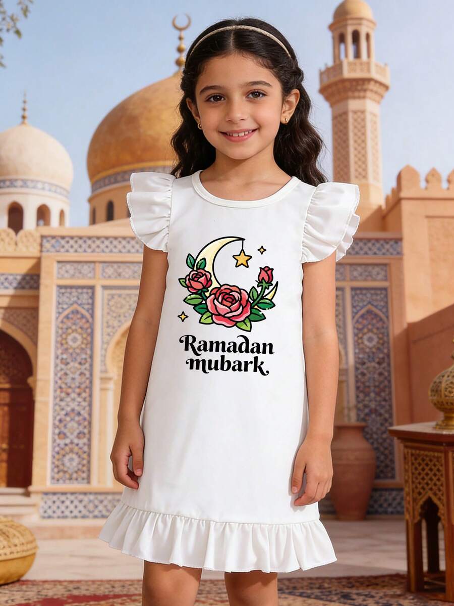 Young Girls Ramadan Crescent Moon & Rose Print Round Neck Ruffle Hem Dress, Summer - White - View 1