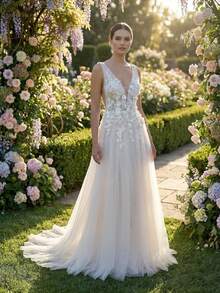 YOUKEFEIER Deep V-Neck Lace Embroidered With 3D Floral Long Wedding Dress - Beige - View 6