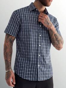 Men's Slim Fit Plaid Shirt, Navy Blue & White Fine Gingham Shirt, Minimalist Stylish Short Sleeve Top - Multicolor - View 1