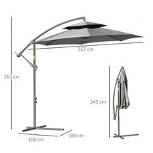Cantilever Parasol Ø2.67 X 2.45 M, Crank Operated, Double Canopy, Cross Base, Steel Frame, Outdoor Sun Protection, Polyester Canopy, Light Grey - Grey - View 3