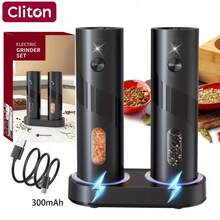 2件套电动盐和胡椒研磨器套装，带充电底座，一键操作，粗细可调，电池供电，厨房桌面调味工具或礼品，简约现代设计，适合居家、露营、节日送礼。 - 黑色 - 查看 8