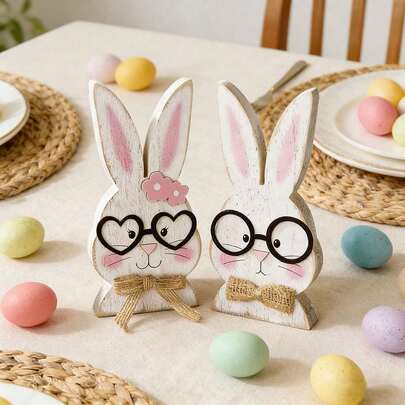 一对北欧风格木制复活节兔子摆件，戴眼镜的兔子情侣装饰品