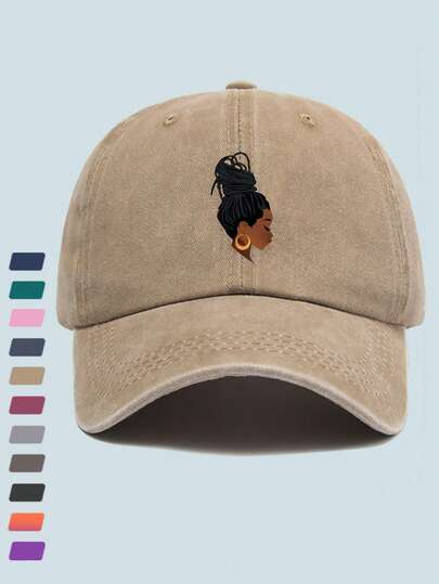 1pc Vintage Women's Baseball Cap, Cartoon Female Portrait Printed Washed Retro Baseball Cap, Fashionable Unisex Outdoor Hat, Adjustable Size Trucker Cap, Suitable For All Seasons Everyday Wear