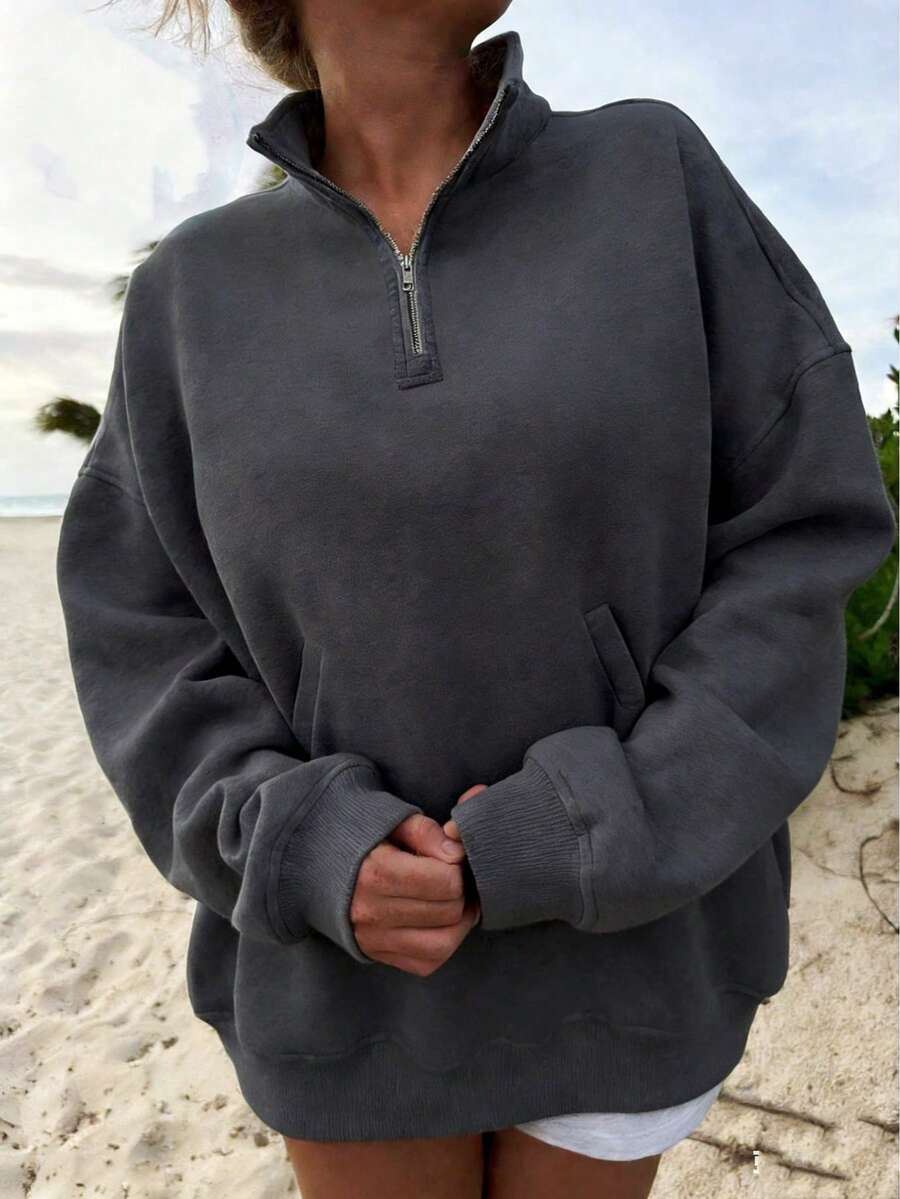 Plus Size Spring Women's Casual Solid Color, Half Zipper Pullover Top, Loose And Versatile Sports Sweatshirt